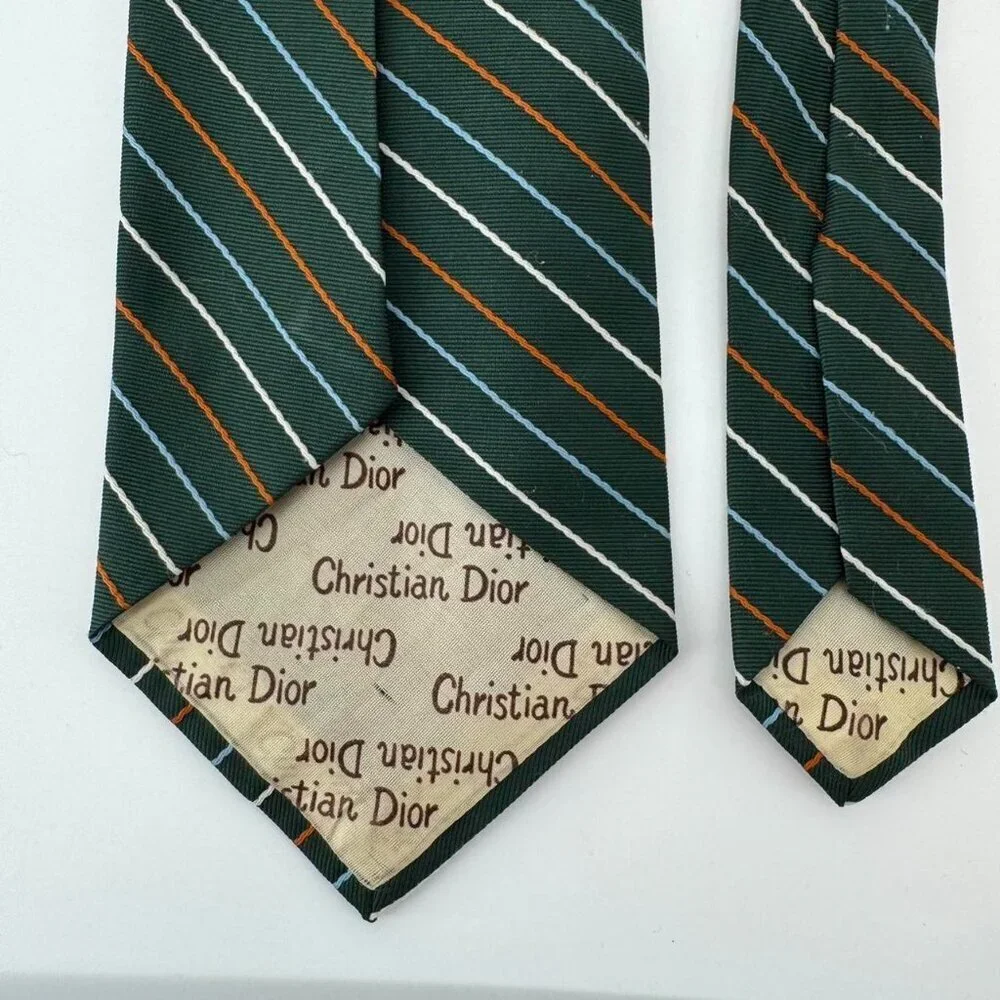 Vintage Christian Dior Tie Striped Silk Green Orange Diagonal Pattern